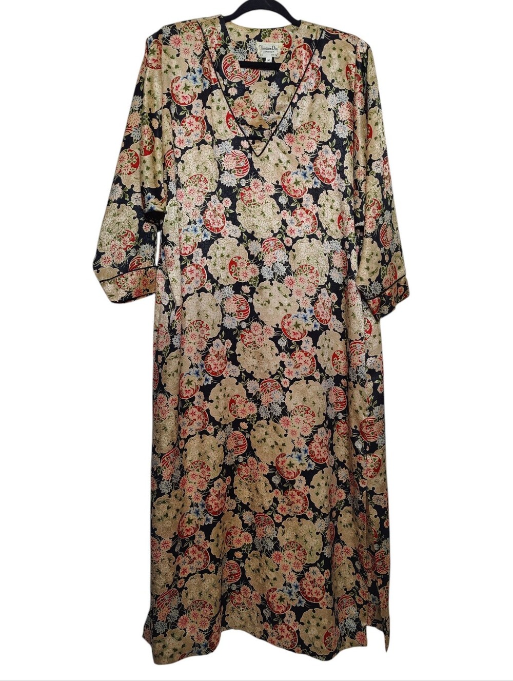 CHRISTIAN DIOR Loungewear Vintage Kaftan M Satin Floral Jacquard Kimono